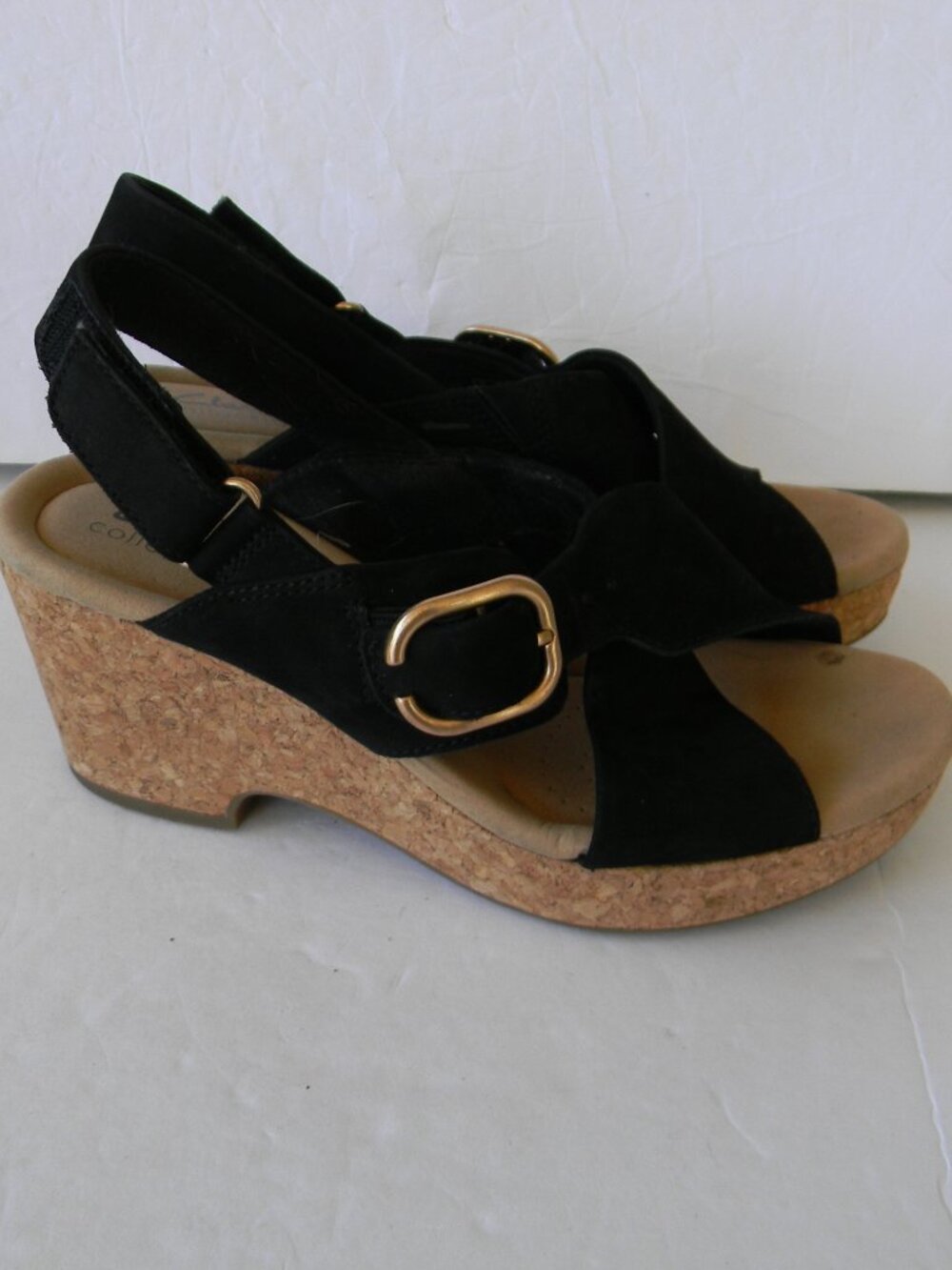 Clarks Giselle Dove Wedge Sandal Slingback Strap Black Nubuck WM'S SZ 8.5M HEEL